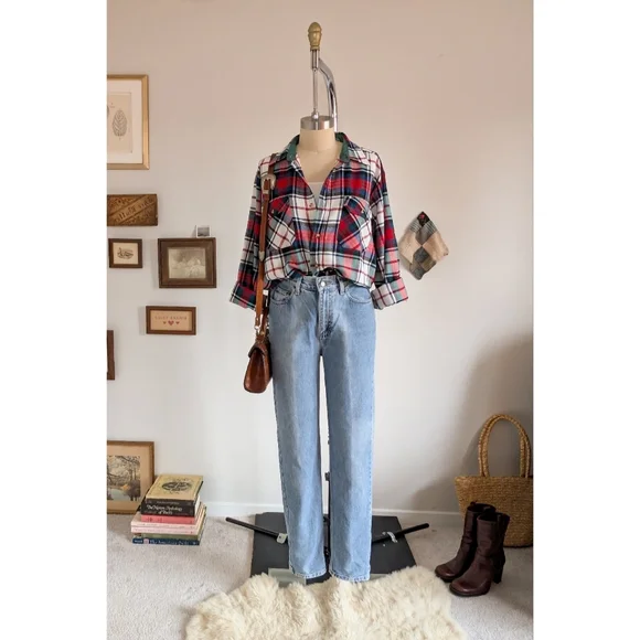 Vintage Flannel Plaid Cotton Unisex Button Down Shirt - Picture 10 of 16